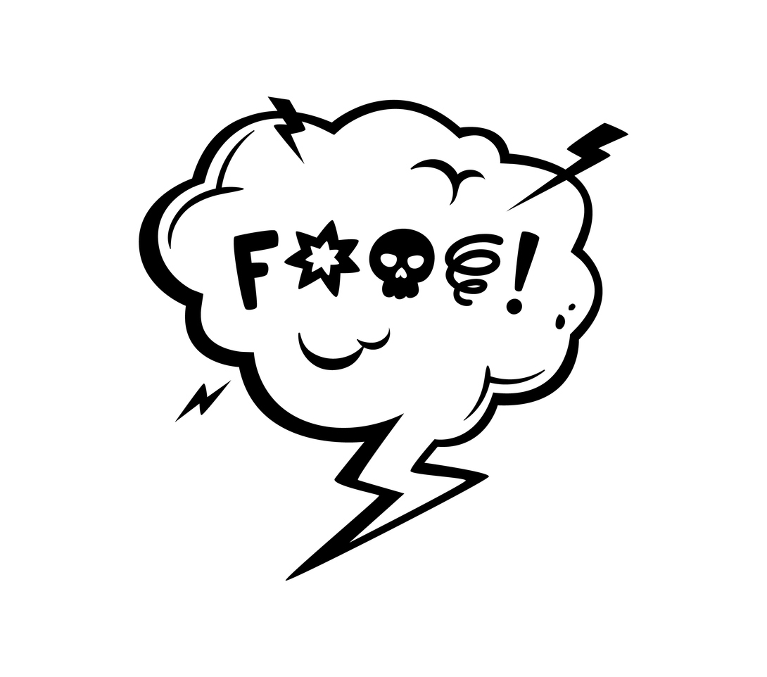 Comic swear speech bubble, cartoon aggressive expletive curse and hate angry talk, doodle vector. Bad word speech cloud or explicit swear shout with skull and exclamation symbols for rude emotion