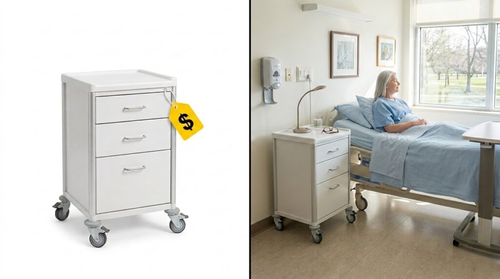 Split image showing a white hospital bedside cart with a yellow price tag on one side, and the same cart in a bright patient room beside an occupied hospital bed, illustrating the difference between focusing on sticker price and designing storage that supports real patient care and workflow.