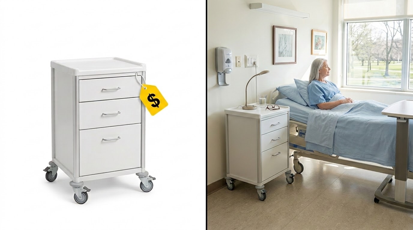 Split image showing a white hospital bedside cart with a yellow price tag on one side, and the same cart in a bright patient room beside an occupied hospital bed, illustrating the difference between focusing on sticker price and designing storage that supports real patient care and workflow.