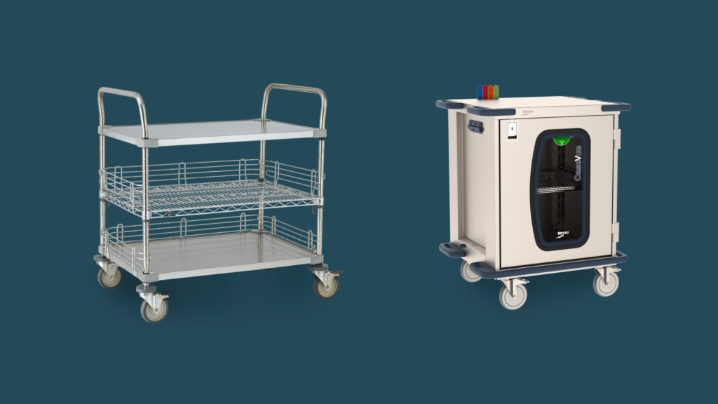 Closed and open surgical case carts side by side, illustrating storage options for operating room sterile supplies.