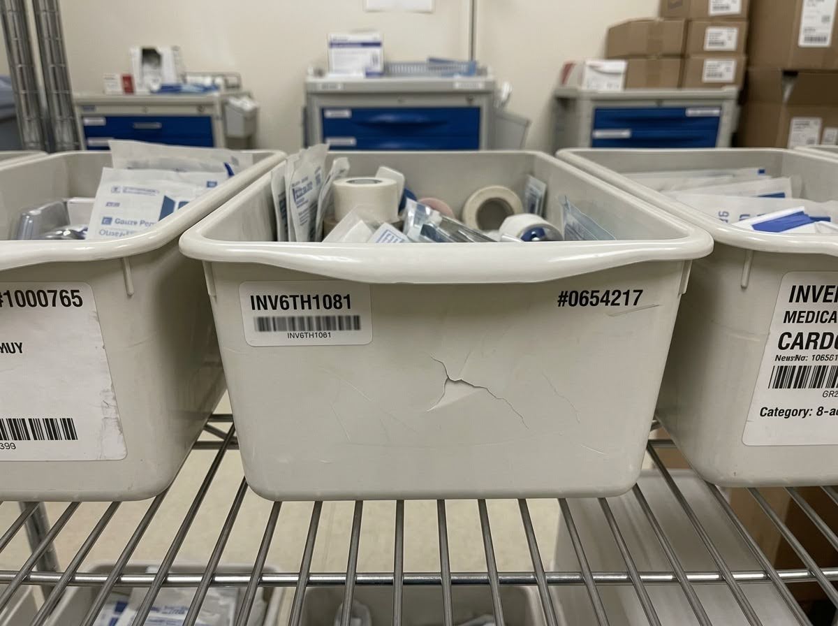 and old scuffed and cracked medical plastic supply bin